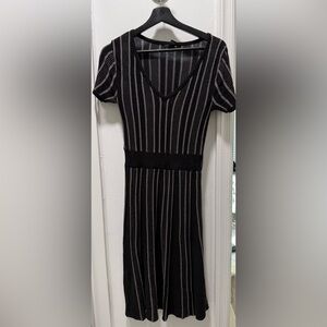 H&M Black and Gray Striped V-Neck Dress